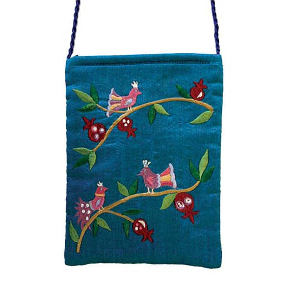 Embroidered Passport Bag, Birds, Blue