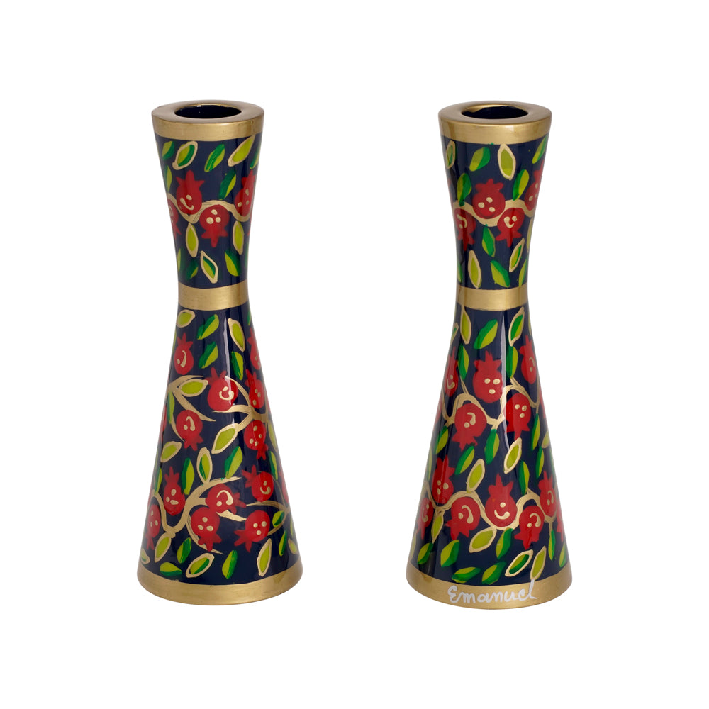 Hand Painted Metal Shabbat Candlesticks, Pomegranate
