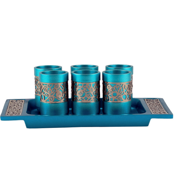 Cutout Metal Mini Cup Set with Tray, Turquoise
