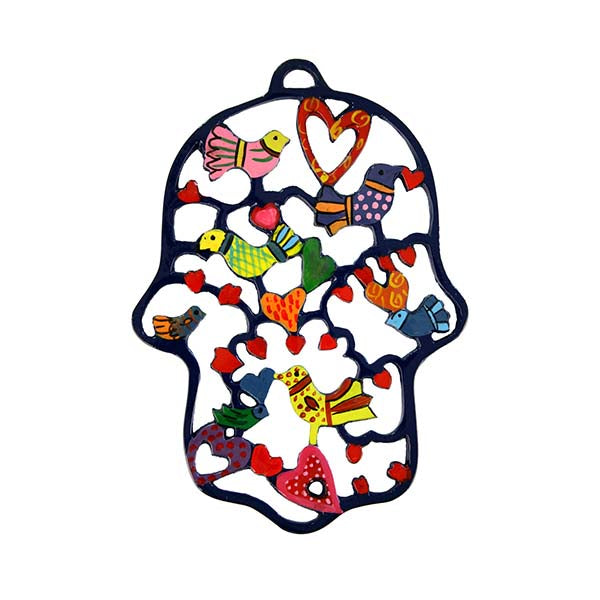 Hand Painted Metal Hamsa, Birds and Hearts
