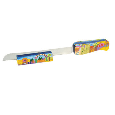 Hand Painted Wood Challah Knife and Stand, Jerusalem
