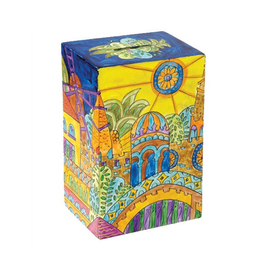 Hand Painted Wood Tzedakah Box, Jerusalem Oriental