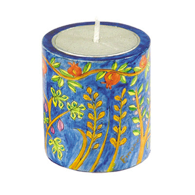 Hand Painted Wood Memorial Candle Holder, Seven Species