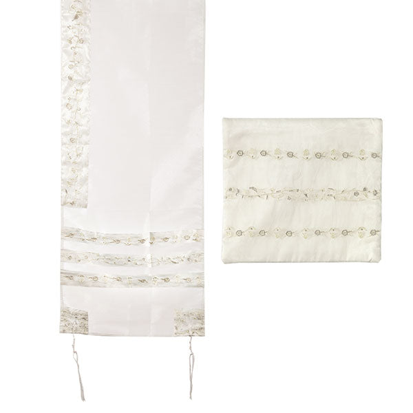 Organza Tallit with Embroidered Stripes, White