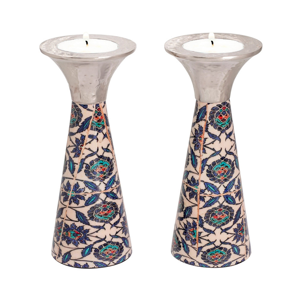 Cone Metal Shabbat Candlesticks, Oriental Floral