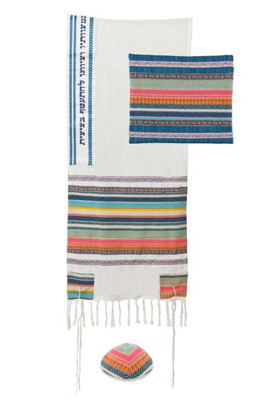 Multicolor Cotton Silk Blend Tallit Set, 20.5" Wide