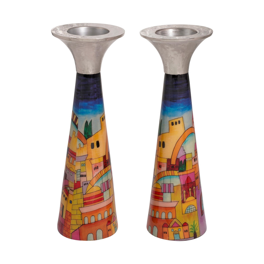 Neema Enamel Metal Candlesticks, Jerusalem, 8.5"
