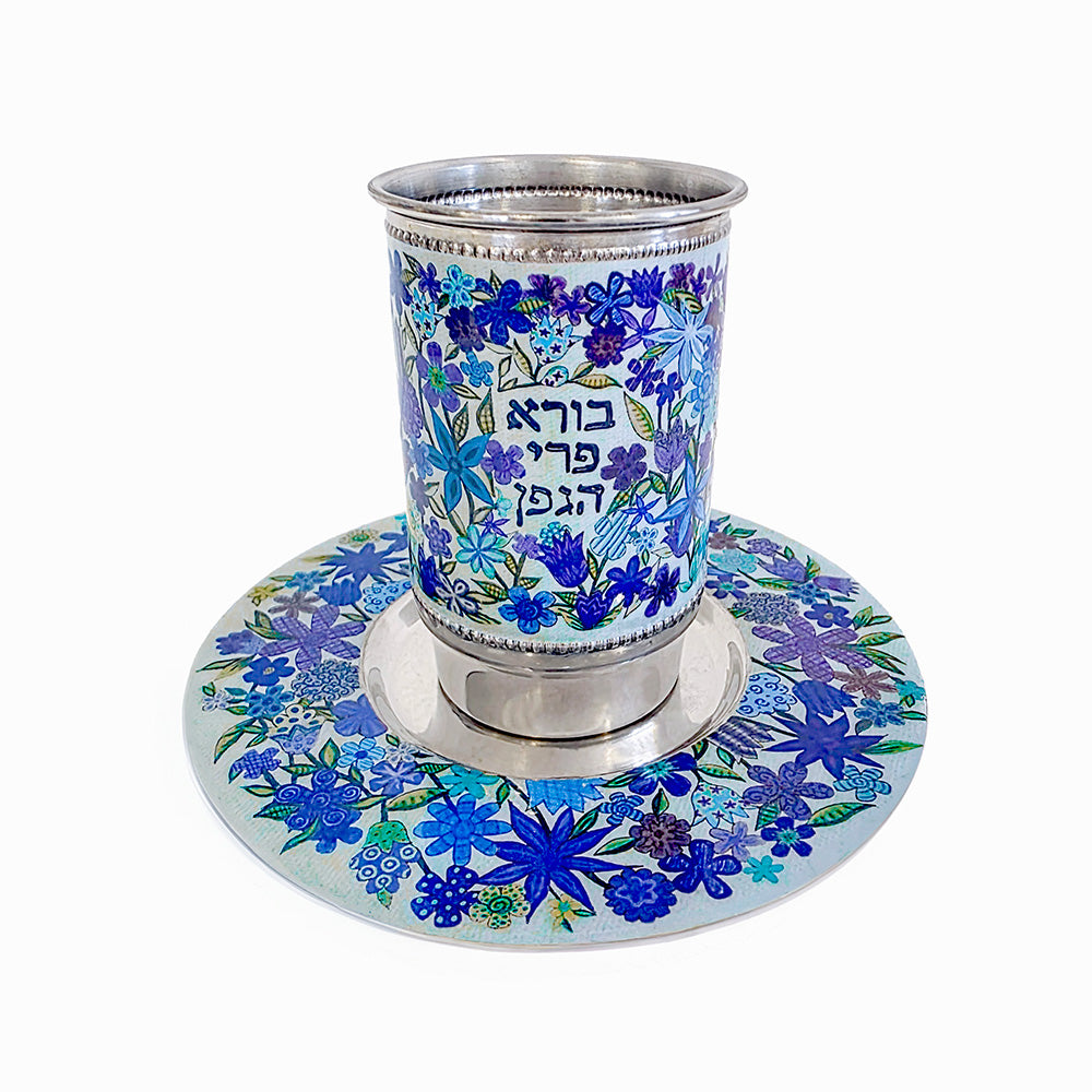 Metal Kiddush Cup and Plate, Blue Floral
