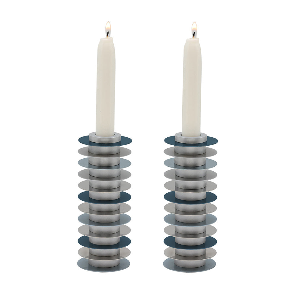 Modern Disc Stack Aluminum Candlesticks, Gray