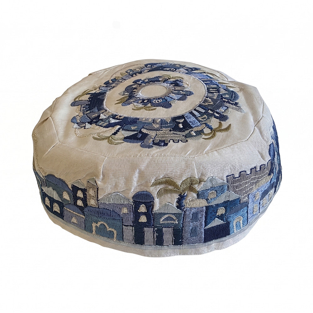 Embroidered Bucharian Kippah, Jerusalem Blue