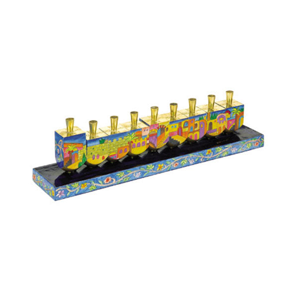 Hand Painted Wood Menorah, Jerusalem, 14"