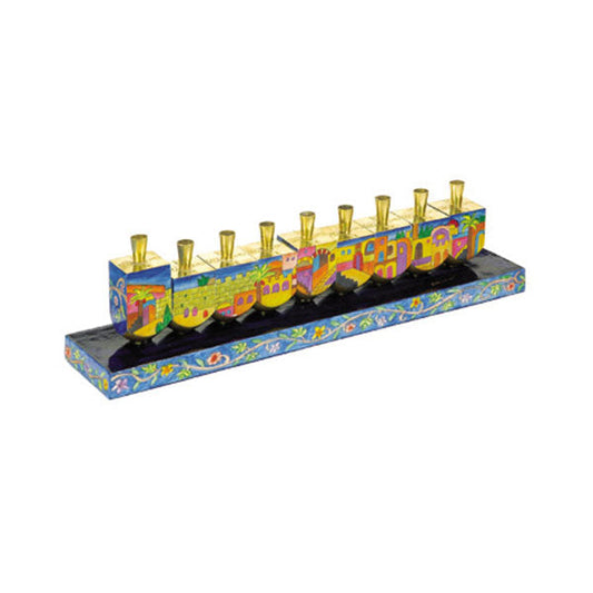 Hand Painted Wood Menorah, Jerusalem, 14"