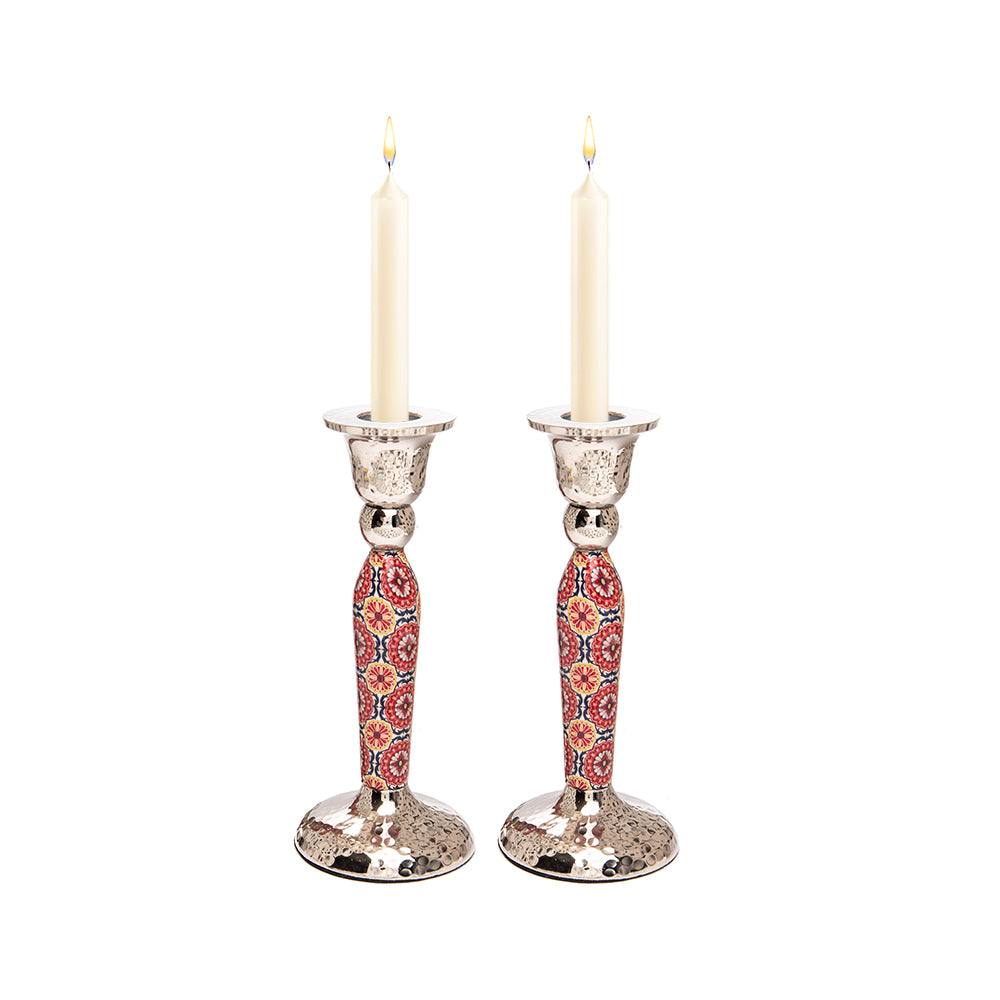 Hammered Aluminum Shabbat Candlesticks, Mosaic Maroon