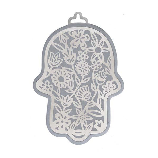 Large Metal Cutout Hamsa Wall Decor, 6.5", Silver and Grey, Floral