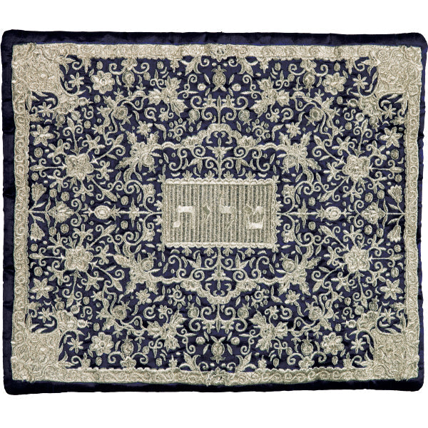 Embroidered Silk Tallit Bag, Silver on Blue