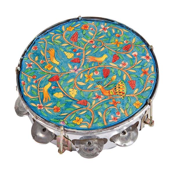 Hand Painted Leather Tambourine, Oriental Birds and Flowers