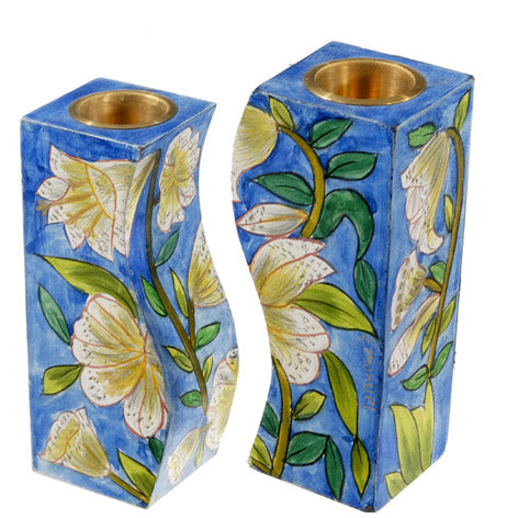 Hand Painted Wood Candlesticks, White Flowers