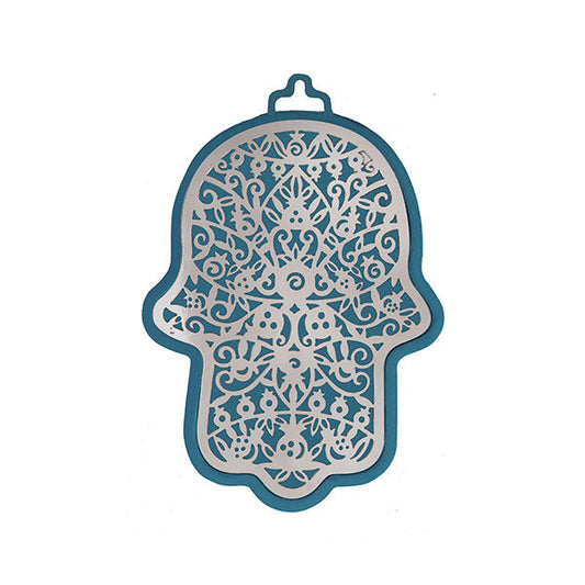 Small Metal Cutout Hamsa, Blue and Silver, Pomegranate, 3"
