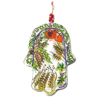 Hand Painted Glass Hamsa, Seven Species, 6"