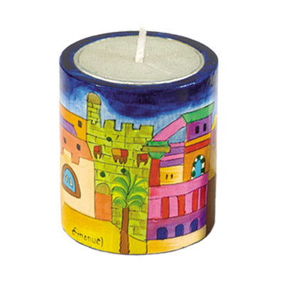 Hand Painted Wood Memorial Candle Holder, Jerusalem