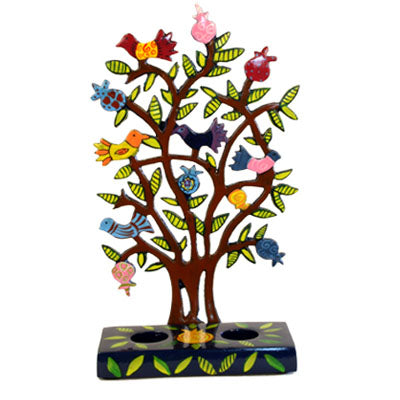 Hand Painted Metal Tree Tea Light Holder, Pomegranate and Bird