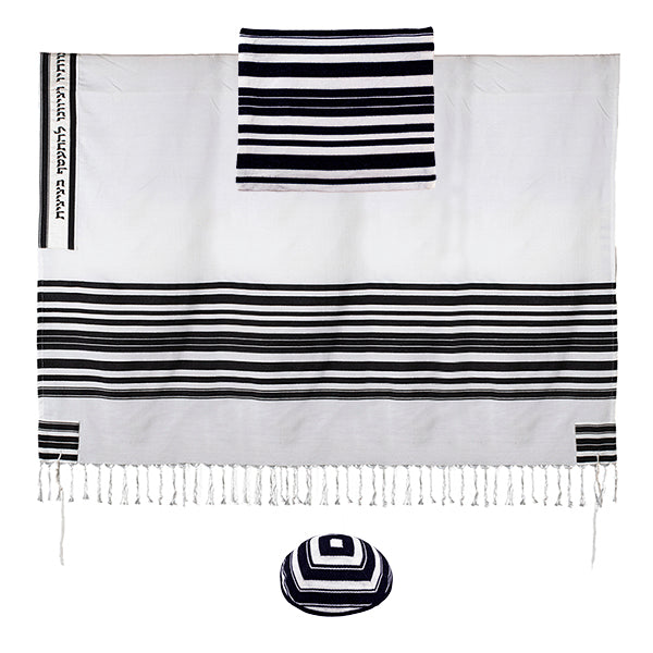Woven Striped Tallit with Atara, Black, 67"