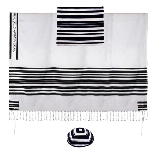 Woven Striped Tallit with Atara, Black, 67"