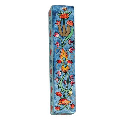 Hand Painted Wood Mezuzah Case, Blue Floral