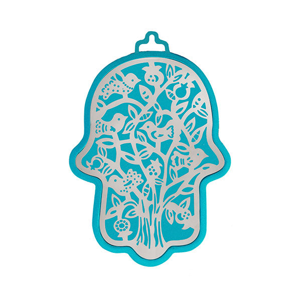 Small Turquoise and Silver Metal Cutout Hamsa, Tree of Life, 3"