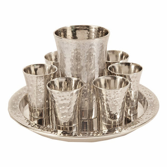 Hammered Metal Kiddush Set, Large Cup with Six Cups and Tray