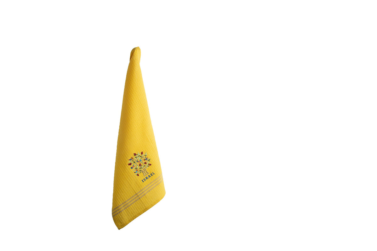 Embroidered Cotton Dish Towel, Tree of Life Israel, Yellow