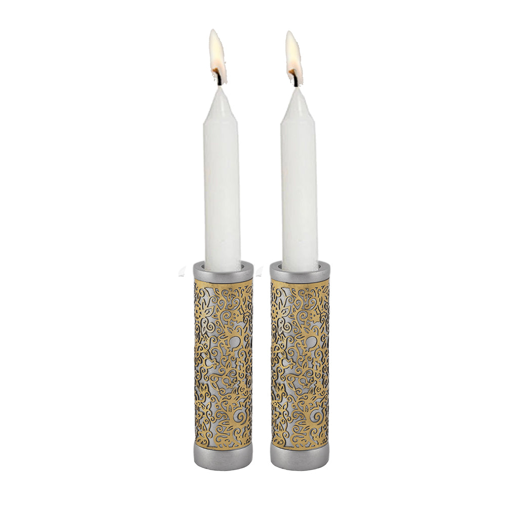 Cylinder Aluminum Candlesticks, Brass Cutout Pomegranate