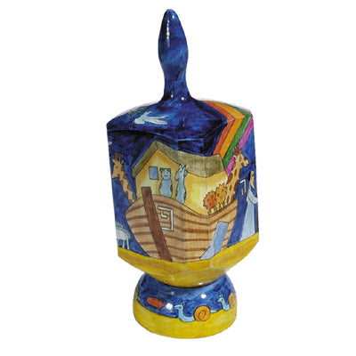 Hand Painted Wood XL Dreidel with Stand, Noah's Ark