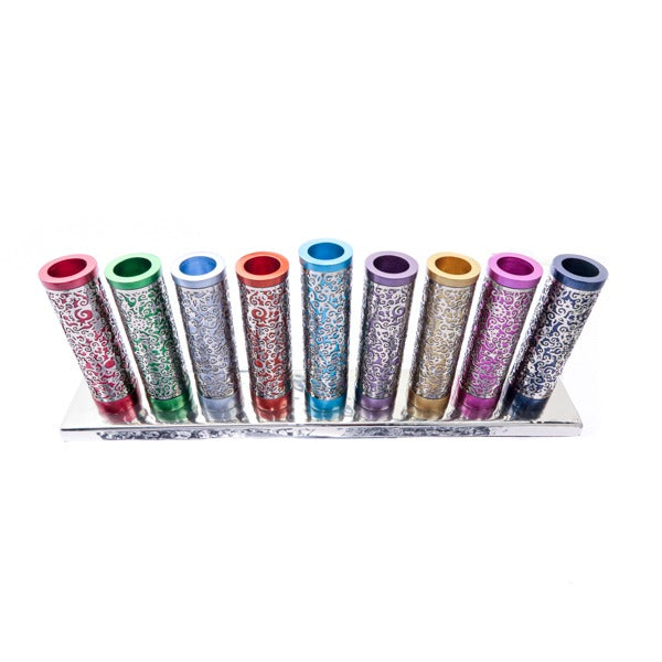 Cutout Metal Menorah, Multicolor Cylinders