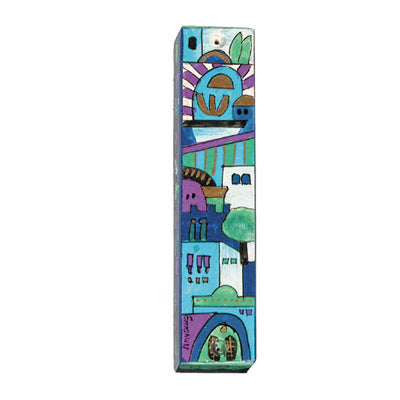 Hand Painted Wood Mezuzah, Jerusalem, 5"