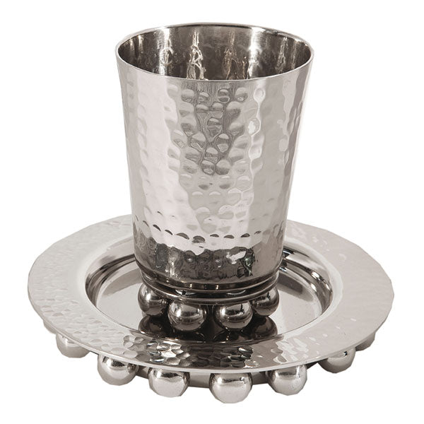 Hammered Metal Kiddush Cup and Plate, Silver