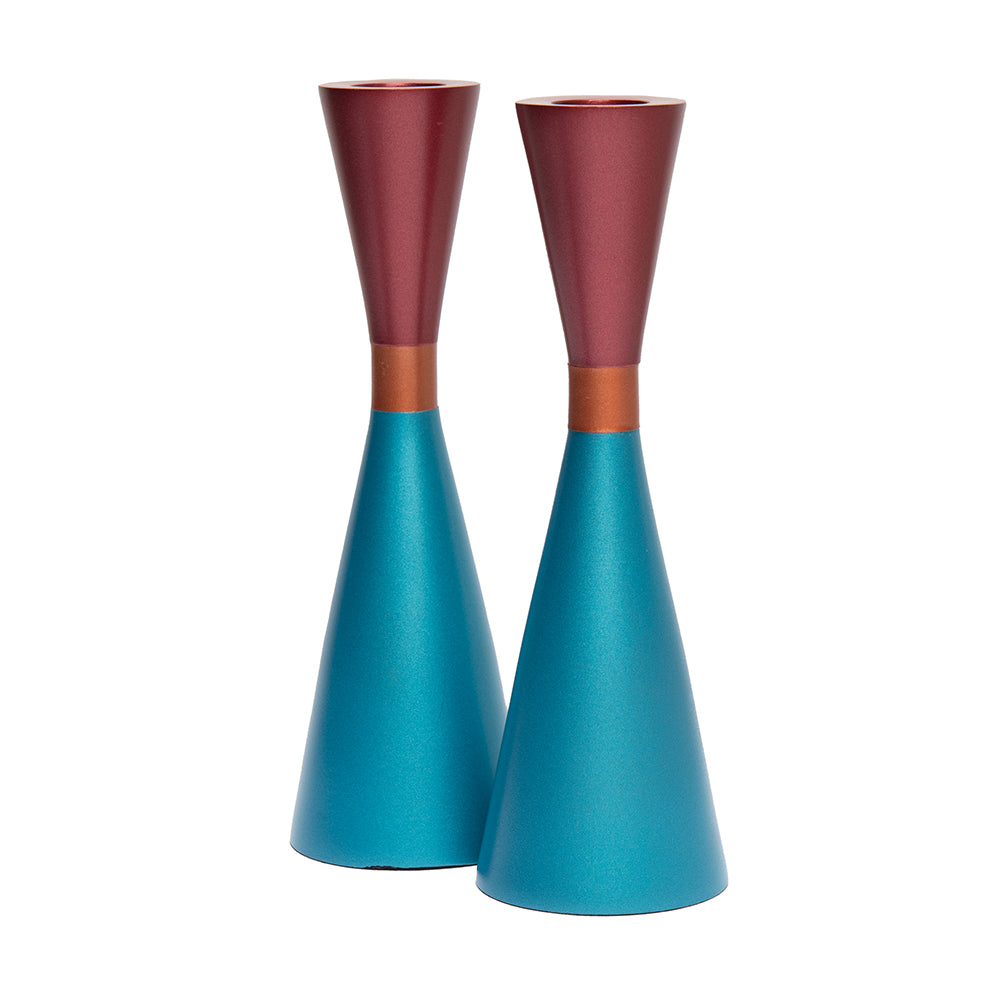 Modern Anodized Aluminum Shabbat Candlesticks, Turquoise and Red