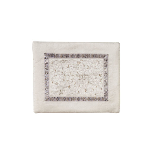 Embroidered Silk Tefillin Bag, White/Silver
