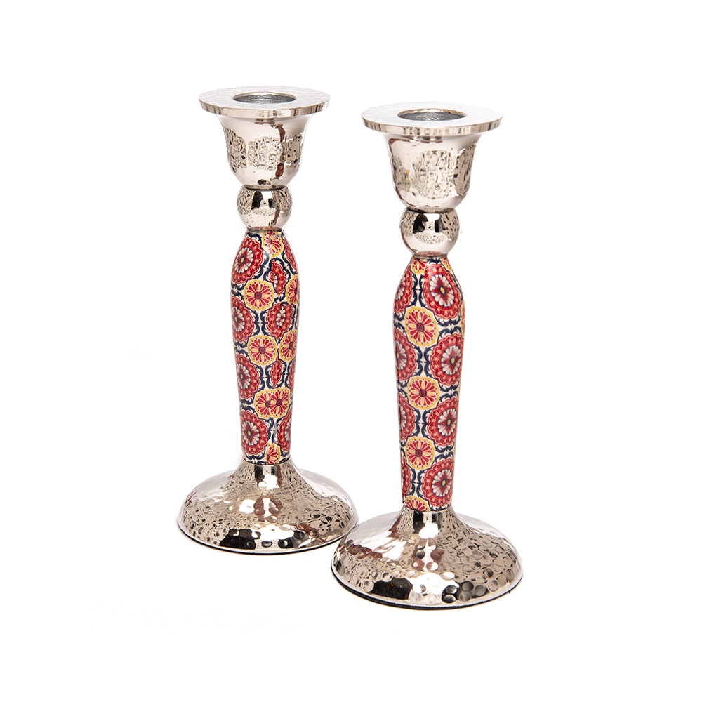 Hammered Aluminum Shabbat Candlesticks, Mosaic Maroon