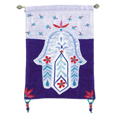 Embroidered Fabric Hamsa Wall Hanging, Blue Floral, 9.5"