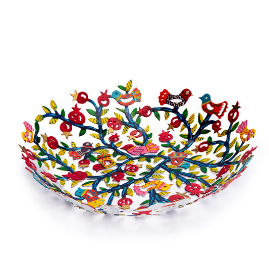 Hand-Painted Metal Bowl – 10" Pomegranates Tree of Life