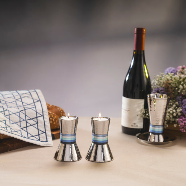 Hammered Shabbat Candlestick Holders - Blue Aluminum Rings