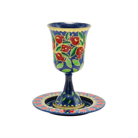 Hand-Painted Metal Kiddush Cup Set - Pomegranates Tree