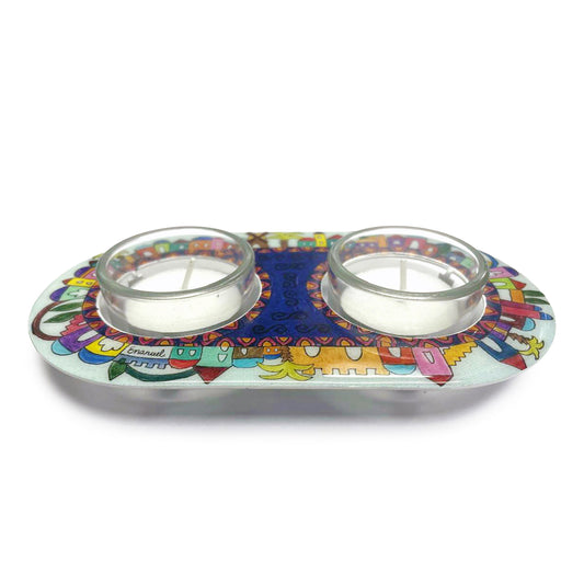 Shabbat Tea Light Candle Holders - Decorative Jerusalem Plate