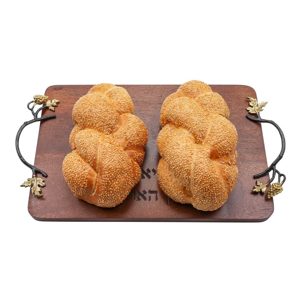 Wooden Challah Board with Sculpted Grape Vine Handles