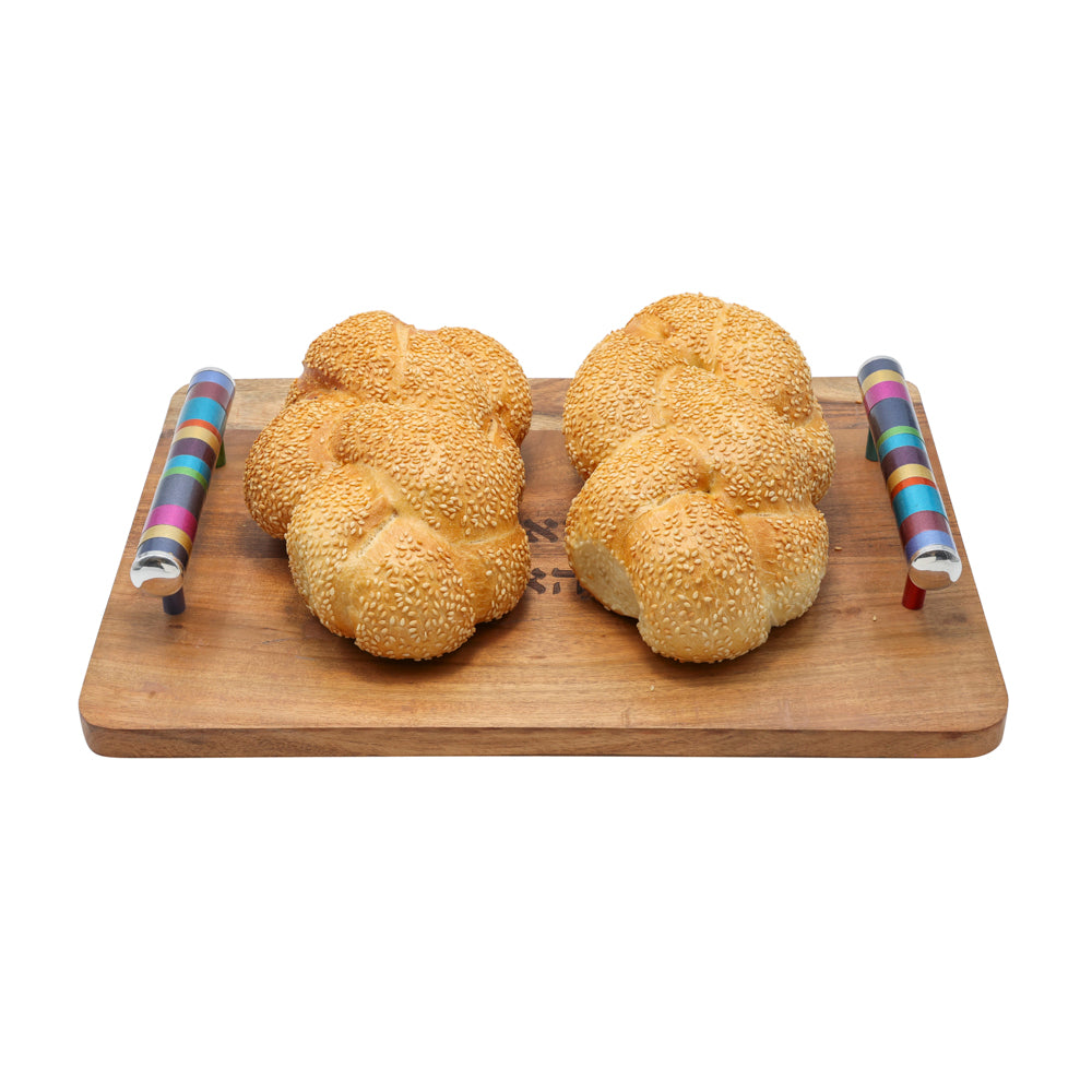 Wooden Challah Board – Modern Handles with Multicolored Handles