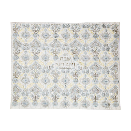 Premium Silk Embroidered Challah Cover – Oriental Flower Pattern - Shades of Silver