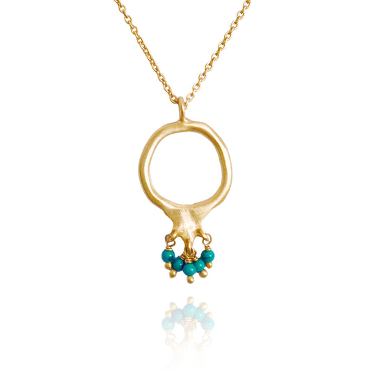 Gold-Plated Pomegranate Pendant Necklace – Ruby or Turquoise Beads 24" + 1.5" Chain - Turquoise