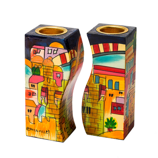 Hand-Painted Wood Shabbat Candle Holders – Jerusalem