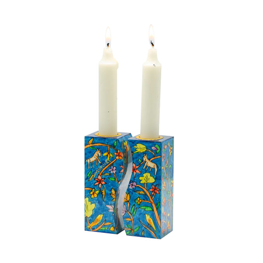 Hand-Painted Wood Shabbat Candle Holders – Birds and Flowers